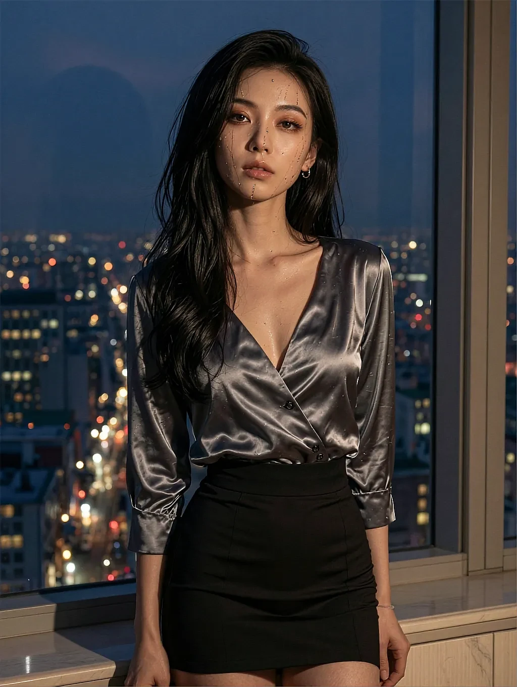 Fictional AI match in a grey satin blouse and black skirt at a night-time city window