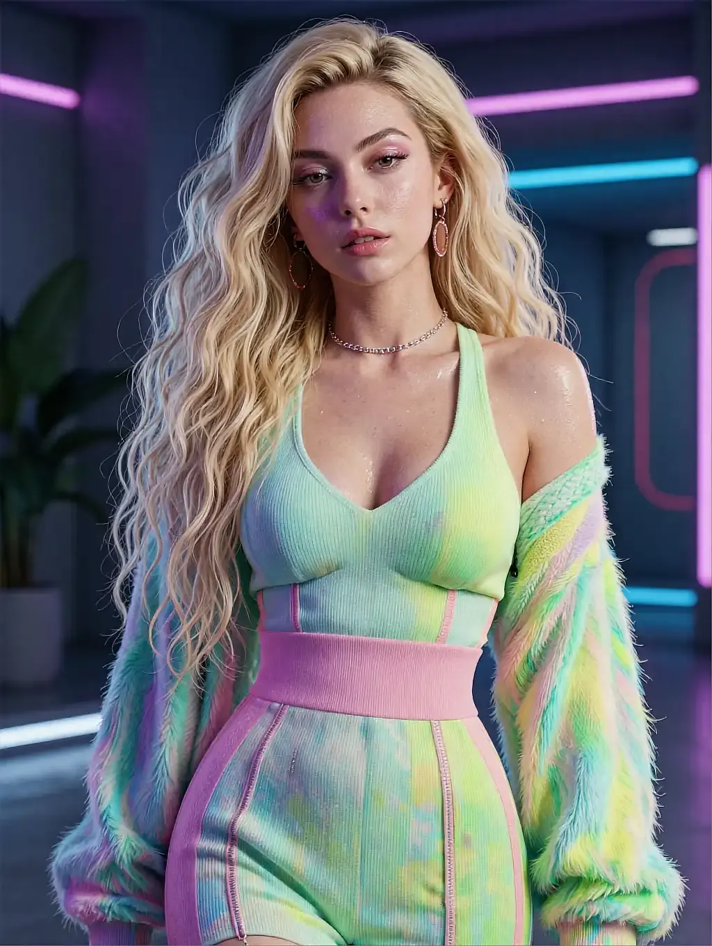 Blonde fictional AI match in a neon-green fluffy jacket and pink-trimmed dress