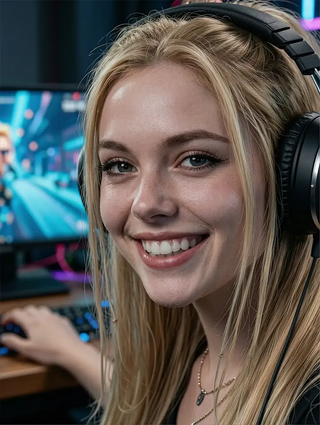 Blonde fictional AI match smiling in a gaming headset at a desk