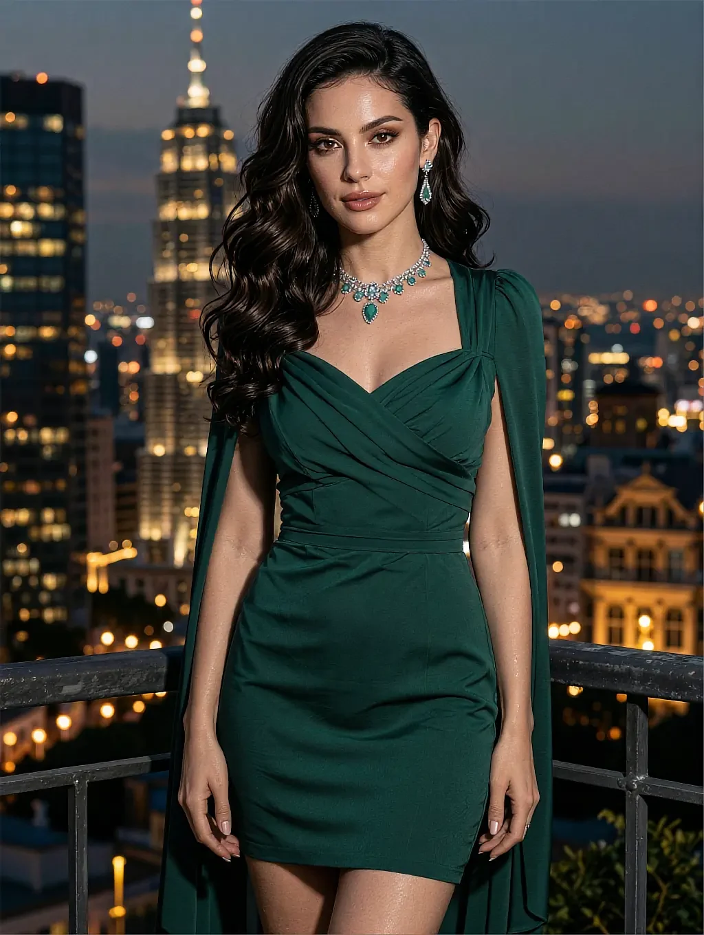 Deck top card: fictional AI match in a green dress on a rooftop above the city at night